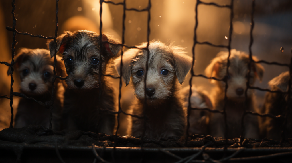 Distressed puppies in overcrowded wire cages inside a suspected puppy mill