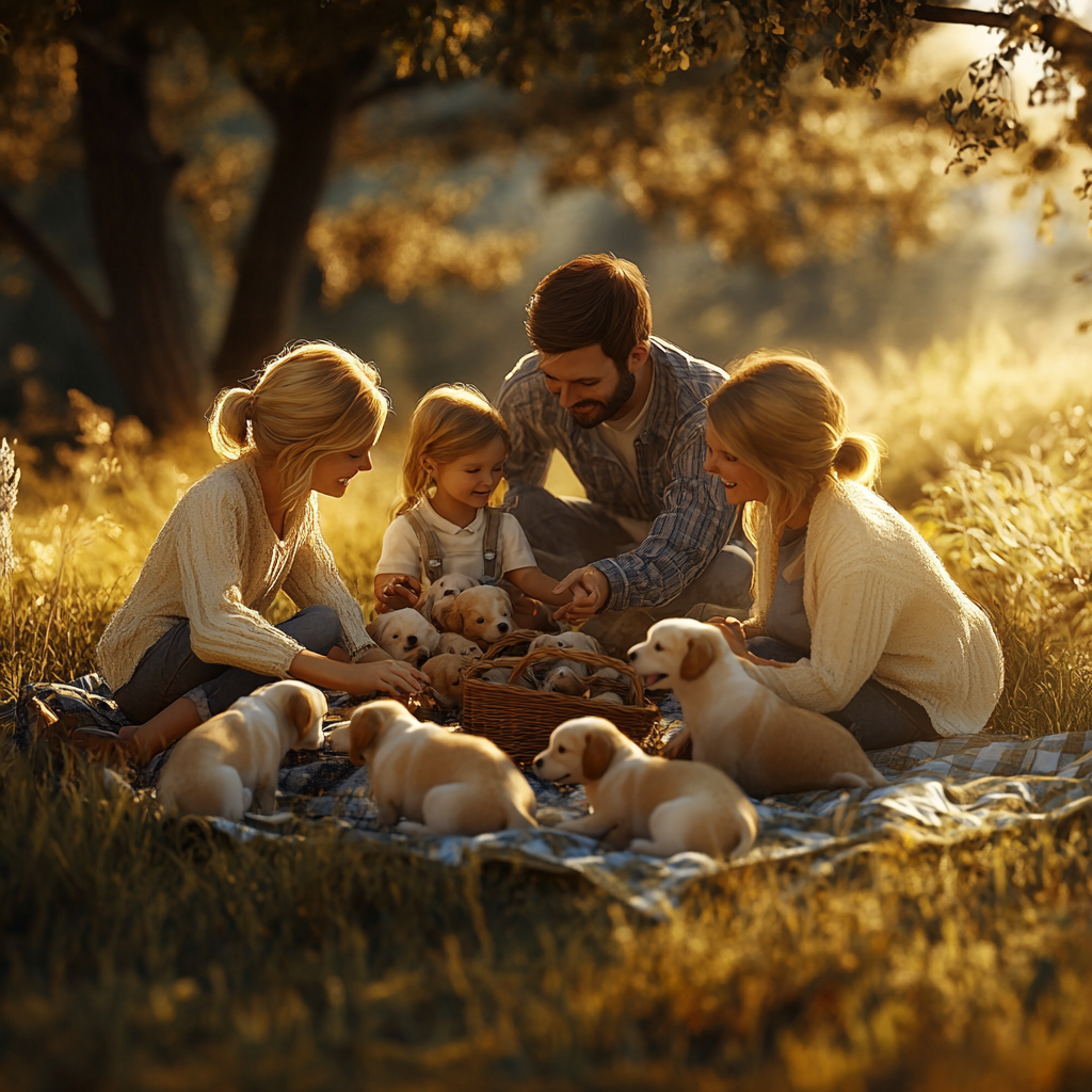 Golden retriever, Aussiedoodle, and Bernedoodle puppies playing on a farm with a family at sunset